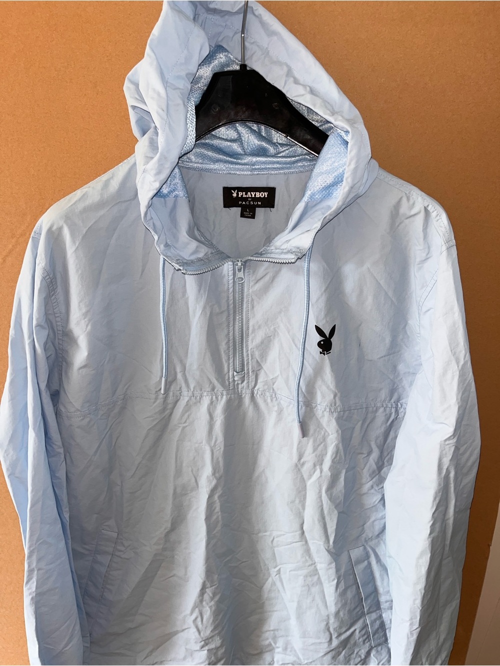 NWT PacSun Playboy 1/4 Zip Windbreaker Hoodie Sz Large Blue Nylon New $$